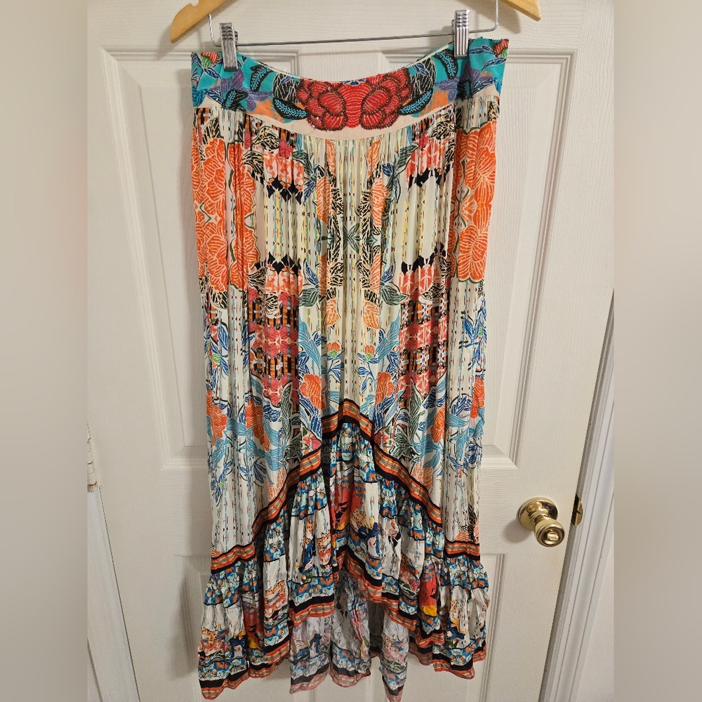 Anthropologie Floral Boho Maxi Skirt in Orange, Blue, Cream